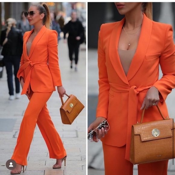 ZARA 2 PIECE BELTED TUXEDO COLLAR BLAZER AND HIGH WAISTED PANTS - Picture 3 of 10